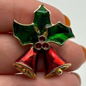 Vintage Small Red and Green Enamel Christmas Jingle Bells with Holly Dainty